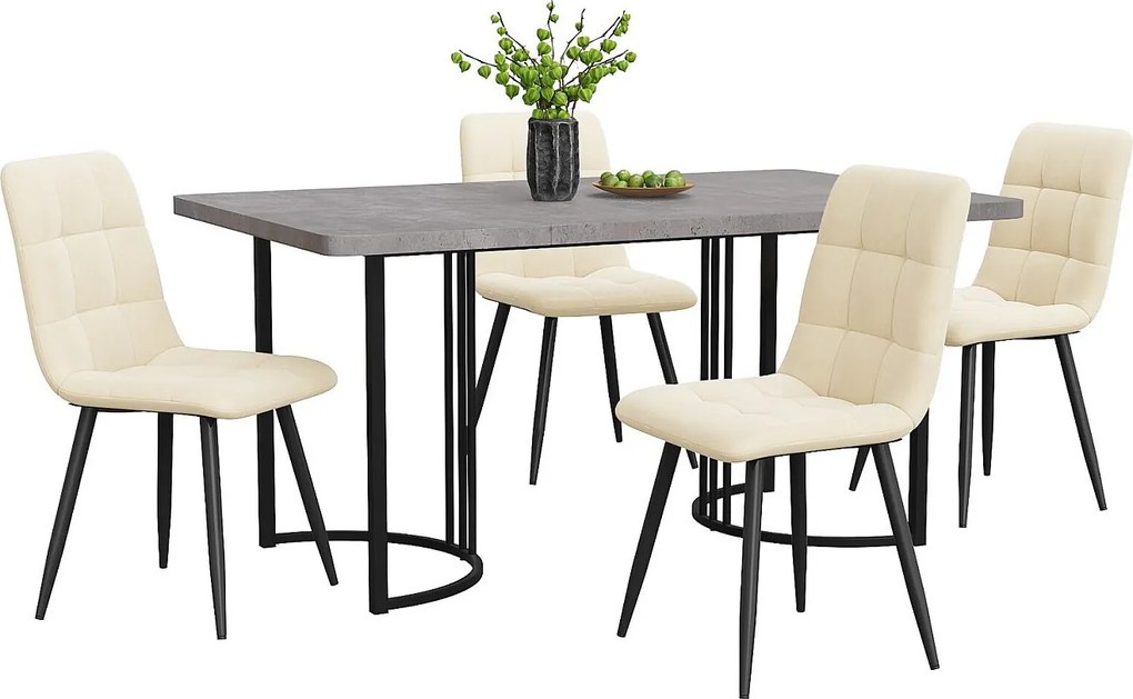 Stół z 4 aksamitnymi ergonomicznymi krzesłami - szary marmurowy efekt - MDF i metalowa rama - regulowana stół stóp - 140x80x75cm