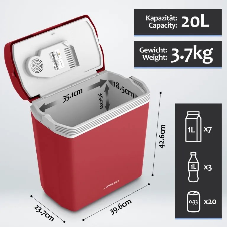 Chłodziarka elektryczna Jago 2 w 1, 20 l, czerwona