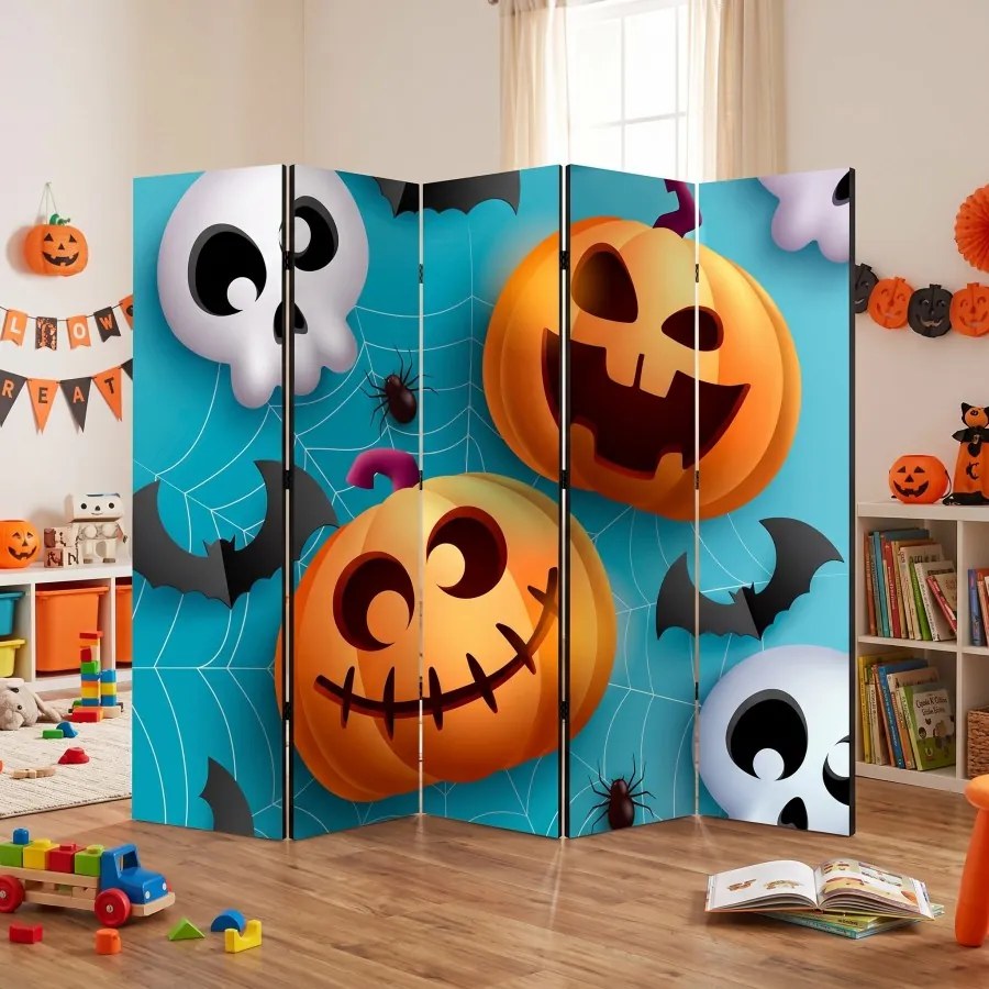 Parawan pokojowy 5-częściowy 225x172 Dwustronny dekoracyjny dziecięcy komiksowy Niebieski Wesoły Halloween