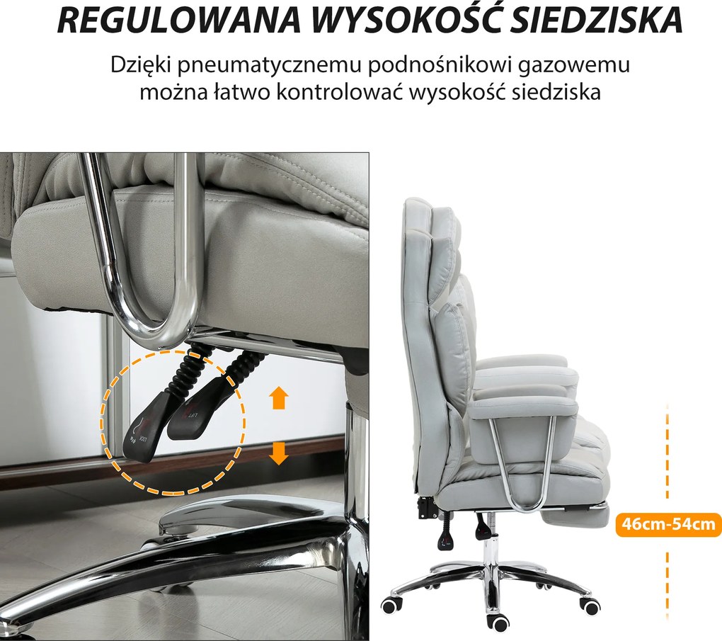 HOMCOM Ergonomiczne Krzesło Biurowe, Tapicerowane, z Podnóżkiem, Regulowana Oparcie, Obrotowe 360°, Jasnoszary