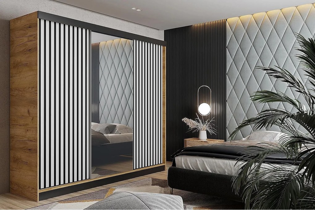 Szafa przesuwna z lustrem lamele MALANI 200 - dąb craft złoty + biały