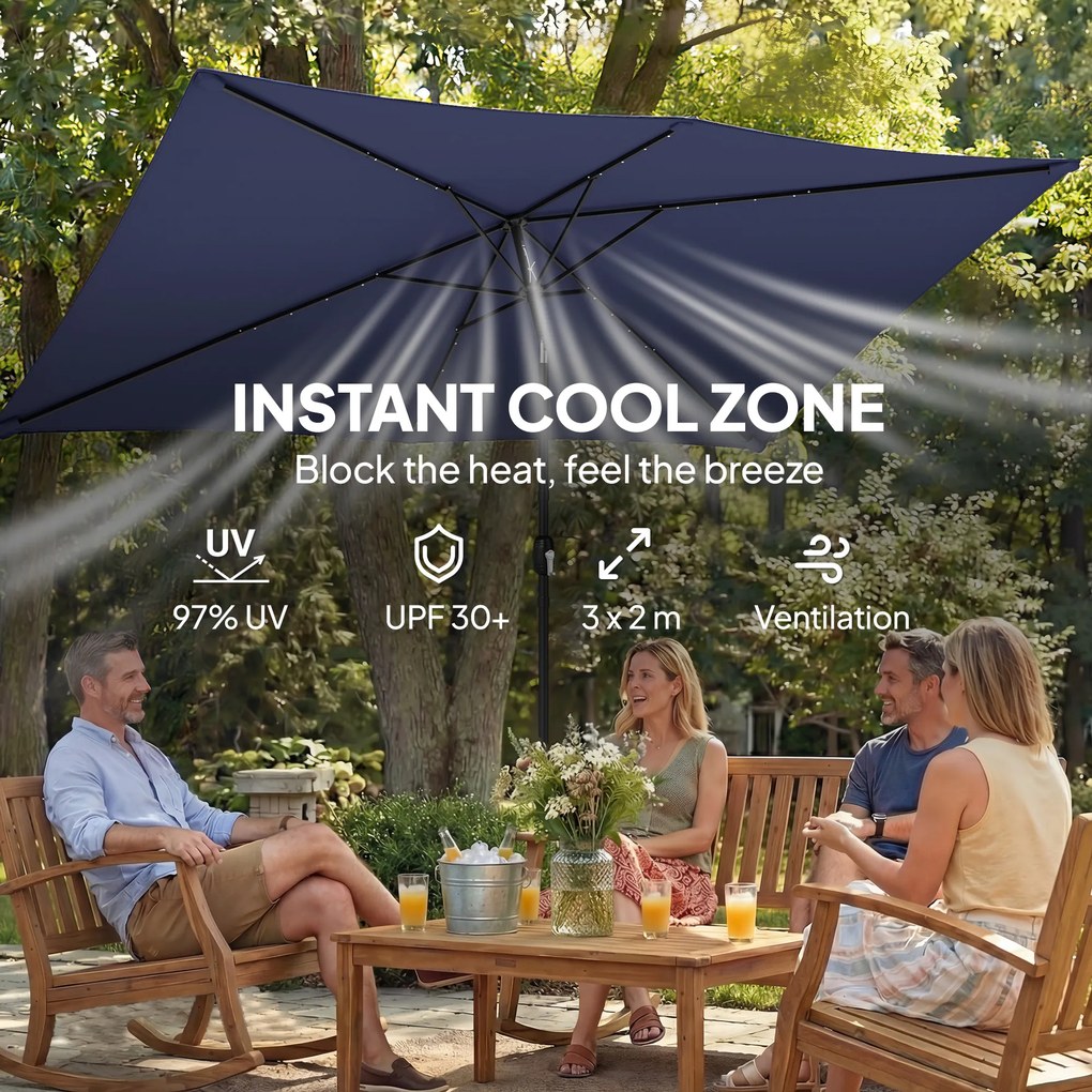 Outsunny Parasol LED Solarny ok. 300 x 200 cm z regulacją kąta, korbką, pokrowcem, ochroną UV, obrotowy, granatowy | Aosom PL