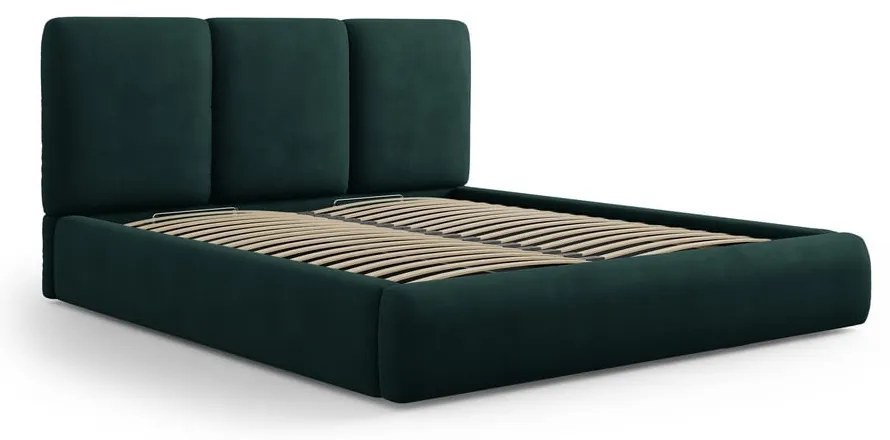 Ciemnozielone tapicerowane łóżko dwuosobowe ze schowkiem i stelażem 140x200 cm Brody – Mazzini Beds