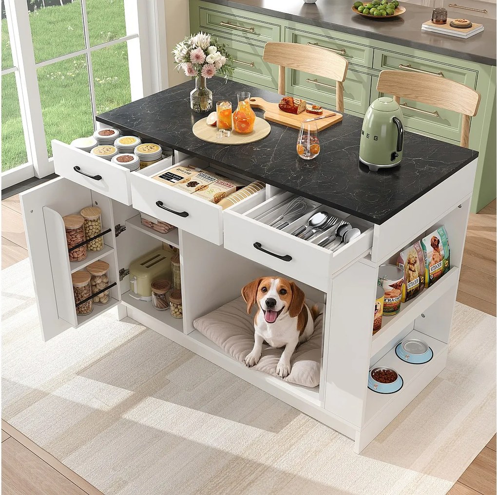 Wyspa kuchenna - 120 x 60 x 90 cm - z 3 szufladami + 1 drzwiami + miejscem na zwierzęta - MDF - biała