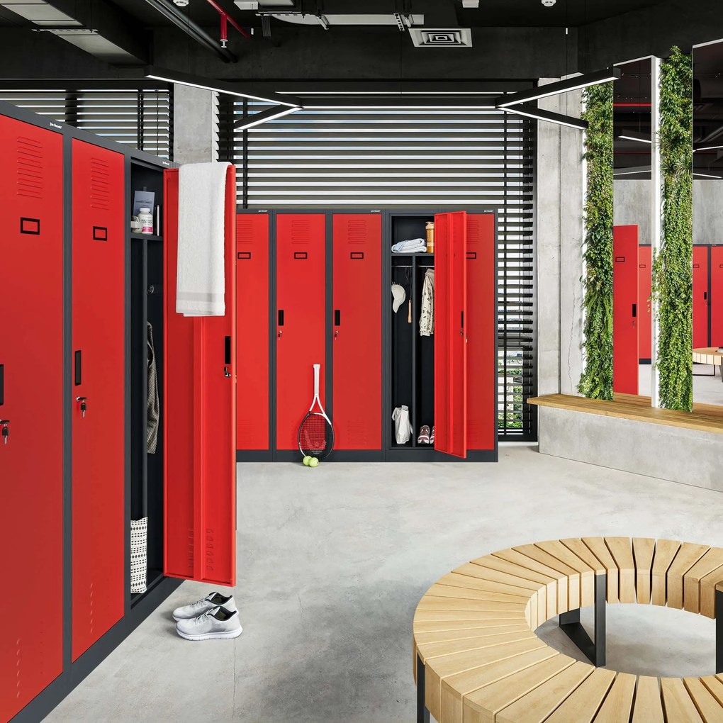 Szafka ubraniowa BHP antracytowo-czerwona: czterokomorowa KACPER, 800 x 1800 x 500 mm