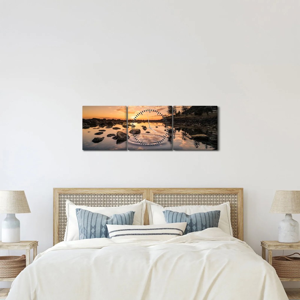 Obraz powierzchni wody o zachodzie słońca (z zegarem) (90x30 cm)
