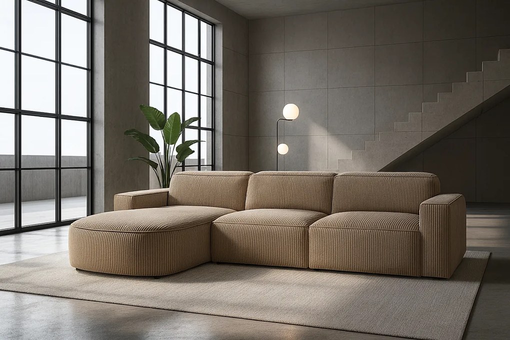 Narożnik w kształcie L zaokrąglony Cursal, tkanina Poso, Ciemnobeżowy, Lewy