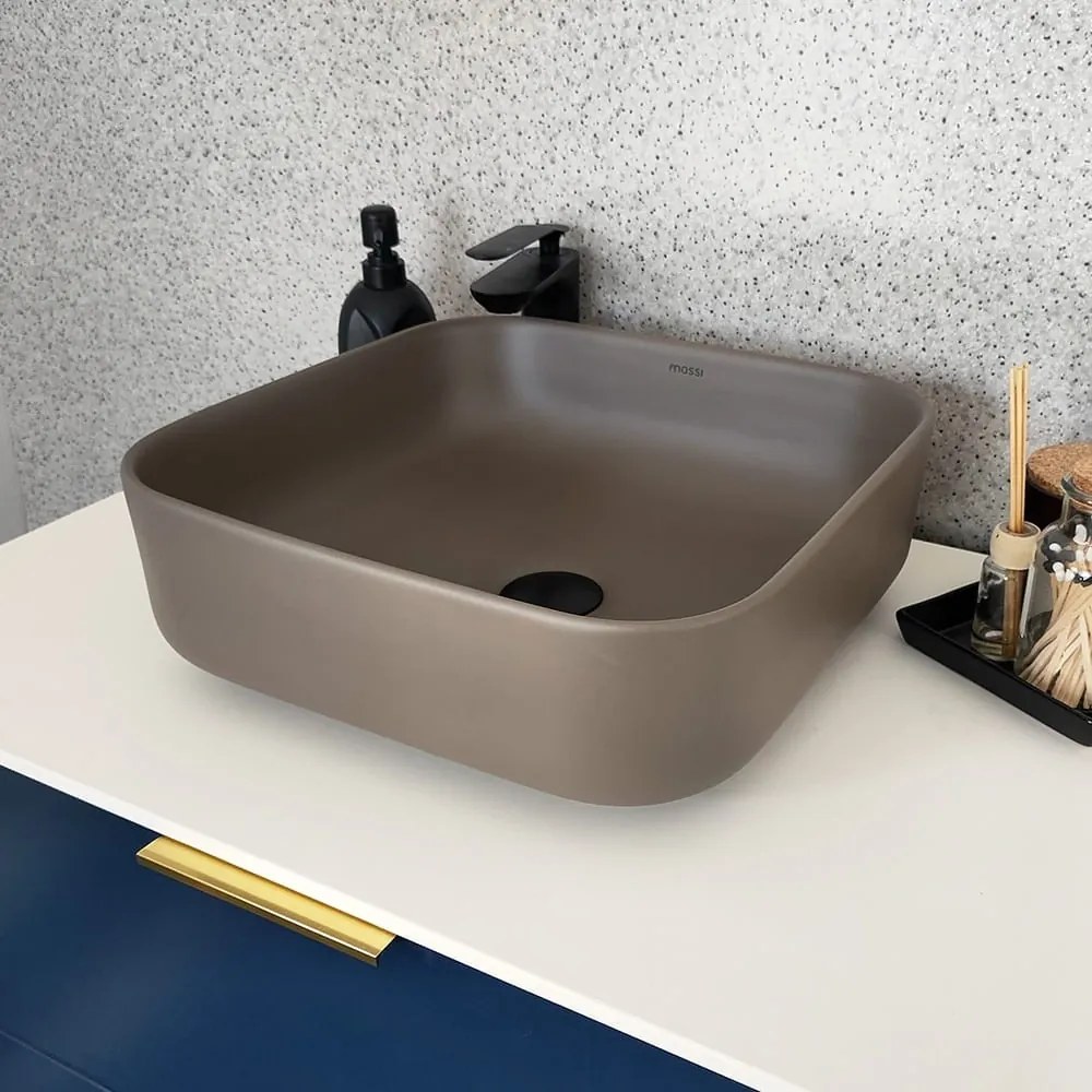 Umywalka ceramiczna nablatowa kwadratowa brązowa bez otworu na baterię 39 x 39 cm ALIZMA z rantem typu Slim