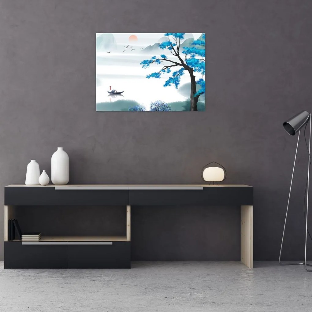 Obraz na szkle - Malowane jezioro z łódką (70x50 cm)