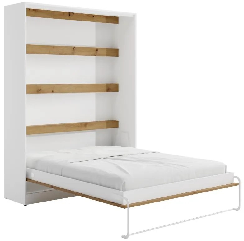 Łóżko chowane w szafie 160 × 200 cm – Otwieranie pionowe manualne – Oświetlenie LED – Białe i naturalne –  RAPILI