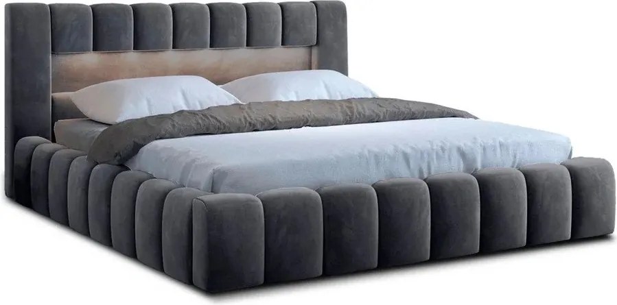 Szare tapicerowane łóżko dwuosobowe ze schowkiem ze stelażem 140x200 cm Lamica – ELTAP