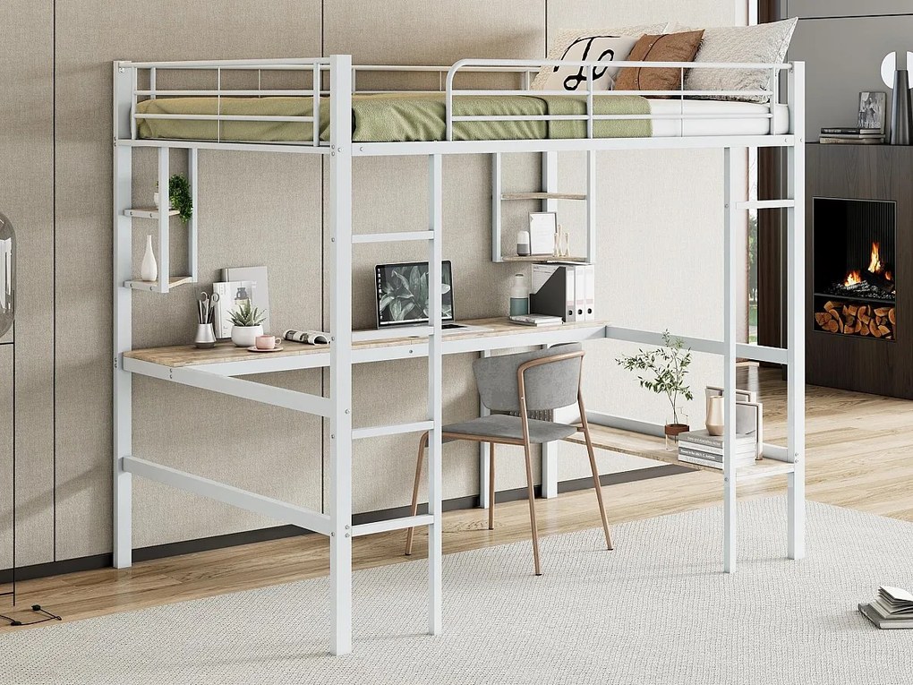 Łóżko mezzanine z żelaza - 140x200cm - z biurkiem i 5 półkami - Białe