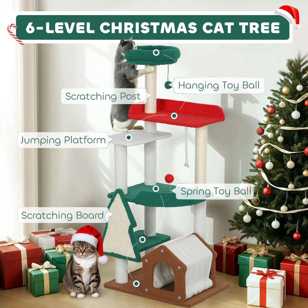 PawHut 135 cm Drapak dla kotów w świątecznych kolorach z łóżkiem dla kota, domkiem, słupkami do drapania, platformami do skakania, zabawkami z piłkami