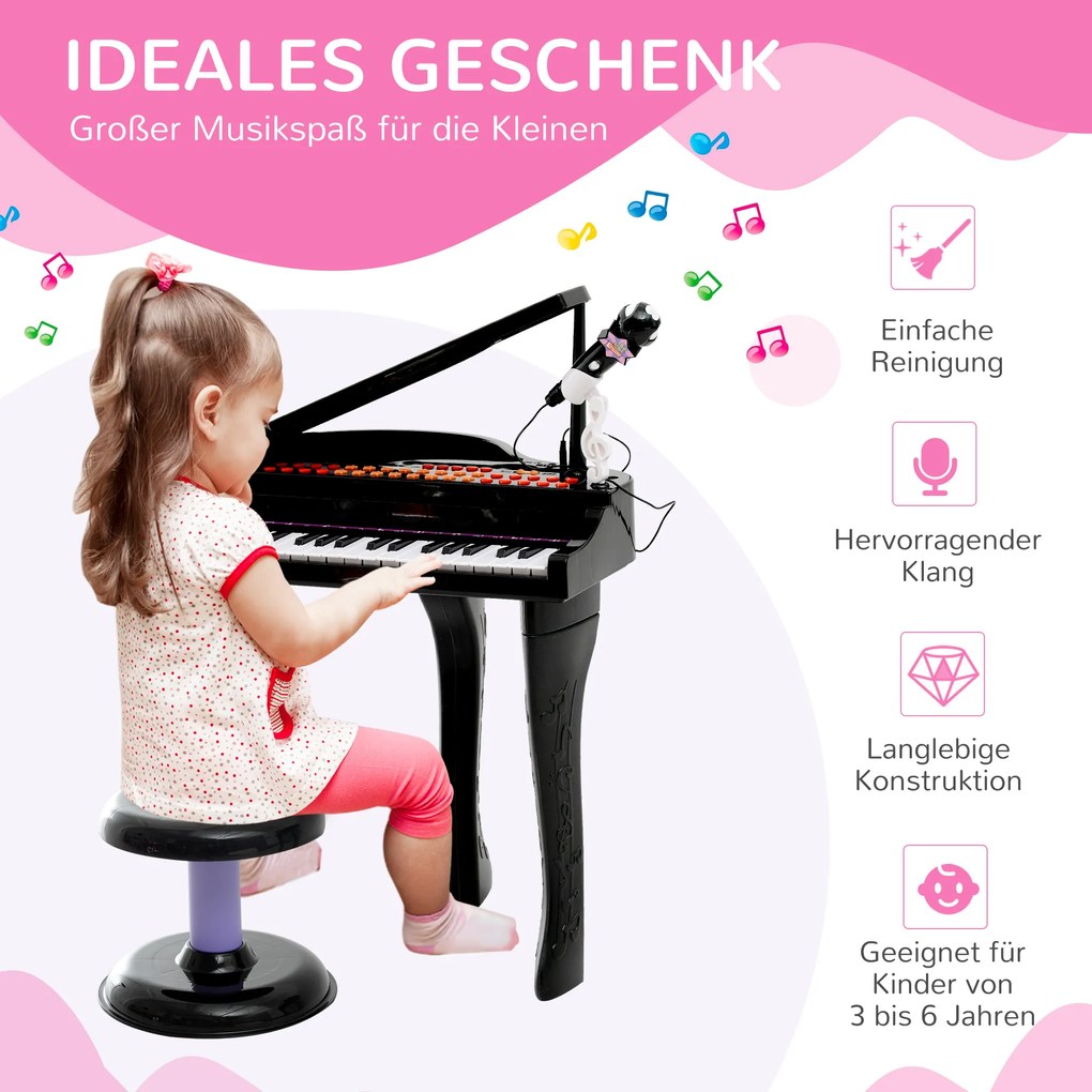 HOMCOM Pianino dla dzieci z taboretem Edukacyjny instrument muzyczny Różowy 48x39x69cm Zabawka muzyczna | Aosom PL