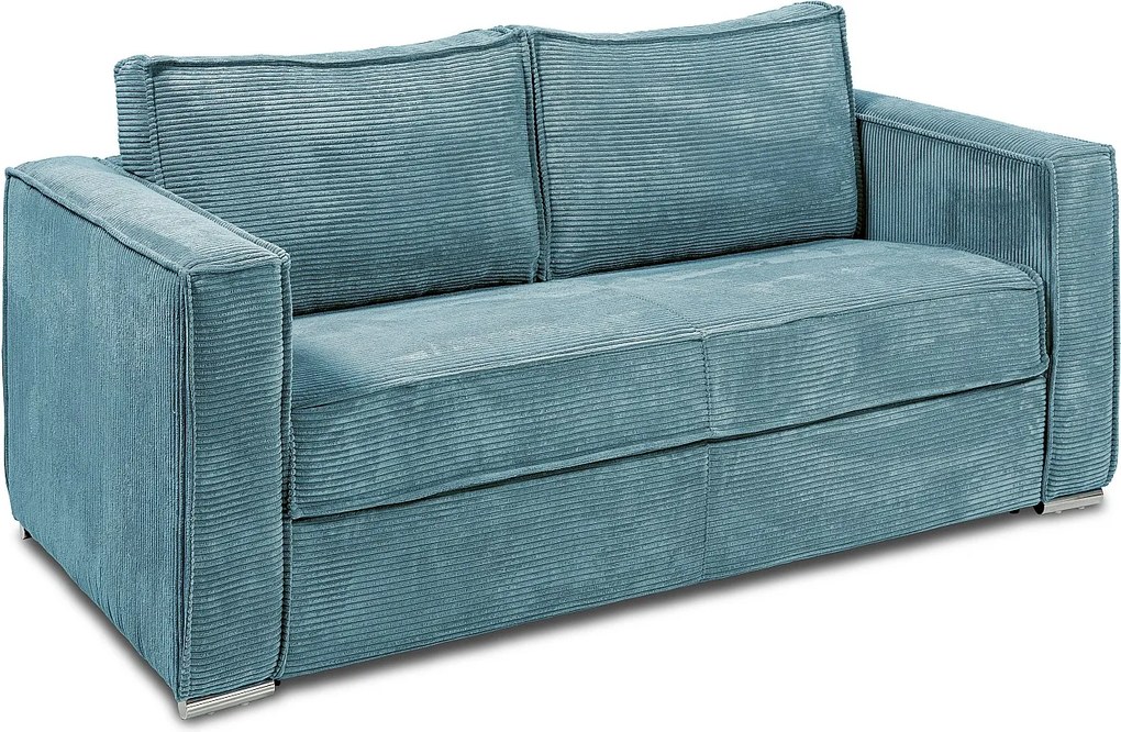 Kanapa 4-osobowa rozkładana typu express z turkusowego weluru sztruksowego z siedziskiem z pianki z pamięcią kształtu - Powierzchnia 160 cm - Materac 22 cm z siedziskiem z pianki z pamięcią kształtu LORETO