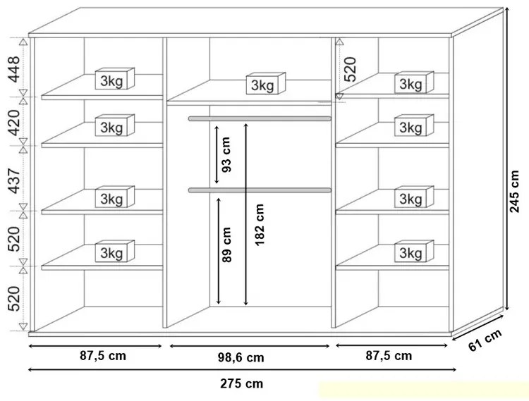 Biała przesuwna szafa z lustrem 275 cm - Savona 6X