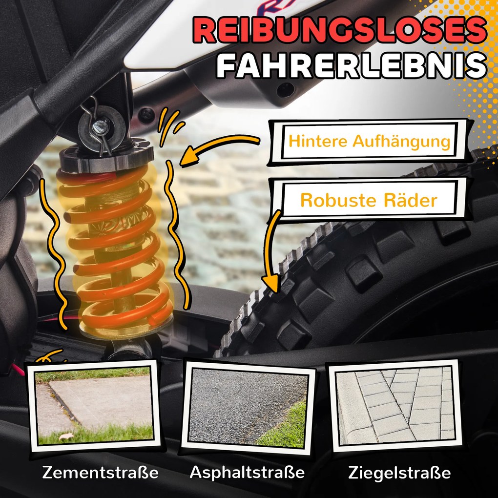 AIYAPLAY 12V Motocykl dla dzieci z kółkami bocznymi, LED, Muzyką, USB, Elektryczny motocykl dla chłopców i dziewcząt, Biały