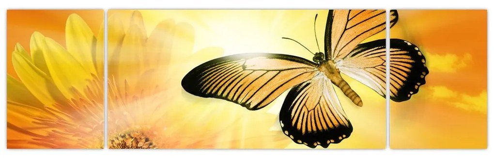 Obraz - Żółty motyl z kwiatkiem (170x50 cm)
