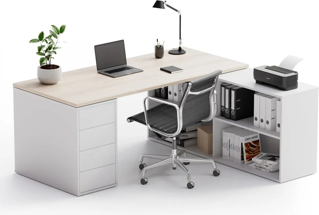 Biurko z przestrzenią do przechowywania BLOCK B04, 180x160 cm, biały/dąb naturalny