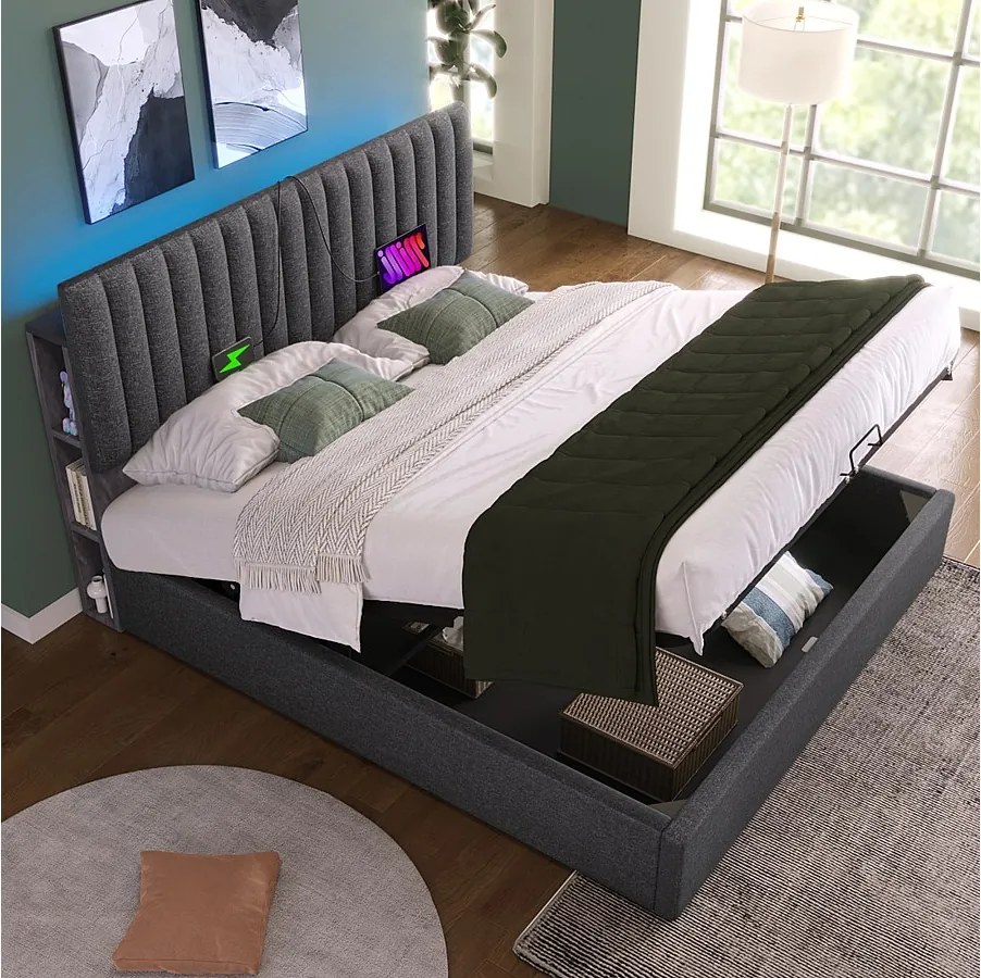 Łóżko dla dorosłych 160x200 cm - z zagłówkiem i schowkiem, USB/Typ C, LED, stelażem - len - szary - bez materaca