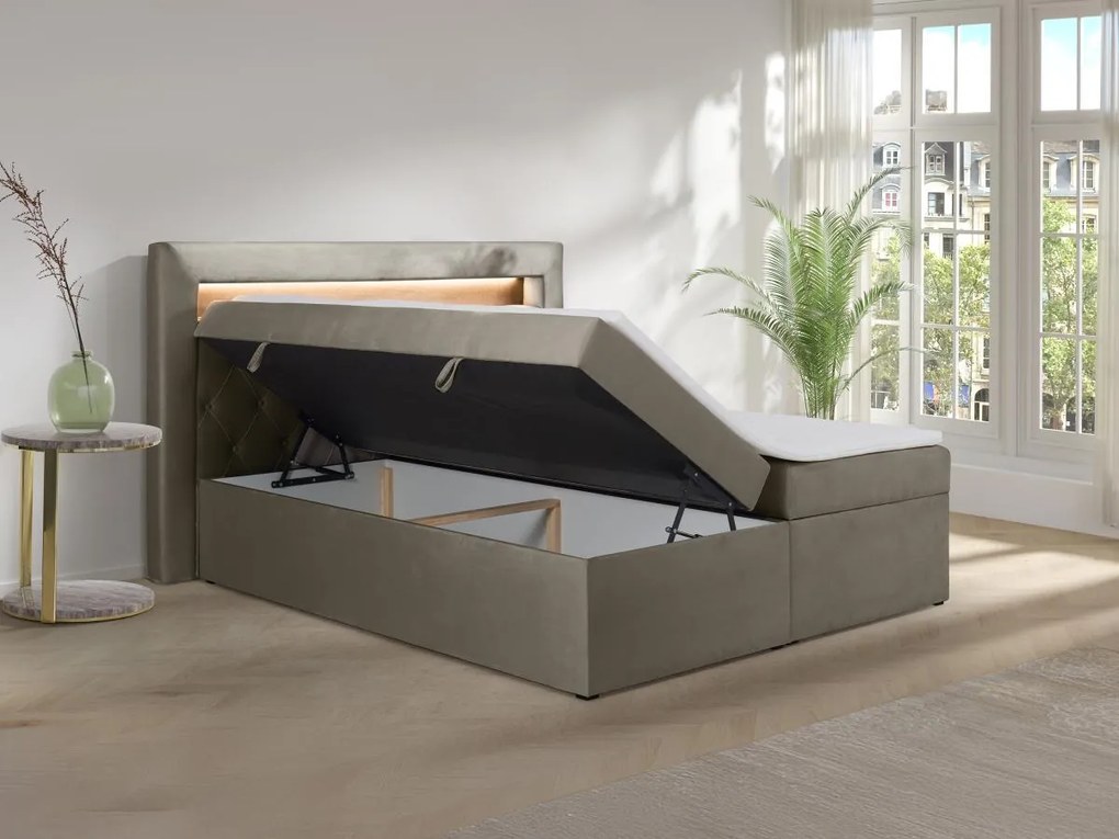 Zestaw do sypialni ozdobny zagłówek z oświetleniem LED + stelaże ze skrzynią + materace + nakładka na materac - 160 x 200 cm - Welur - Taupe - ORANA marki YSMÉE