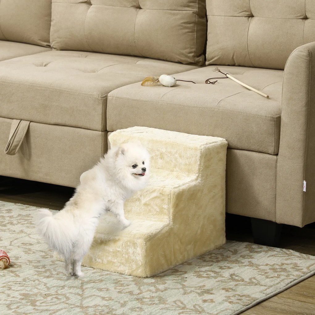 PawHut Składana Drabinka dla Zwierząt Domowych, 3 Stopnie, Pokrycie z Pluszu, Płyta Wiórowa, 46 x 35 x 35 cm, Beżowa