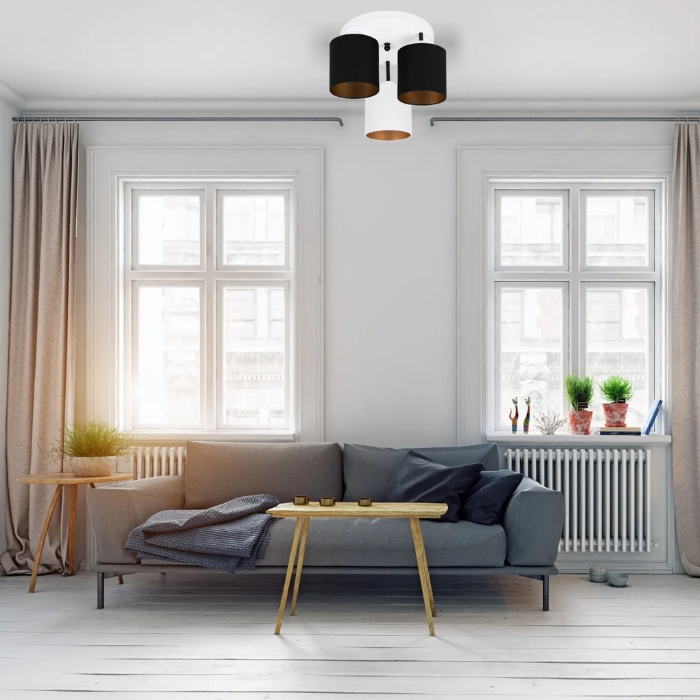 Lampa sufitowa biała trzypunktowa z czarno-białymi abażurami C-3030WE-