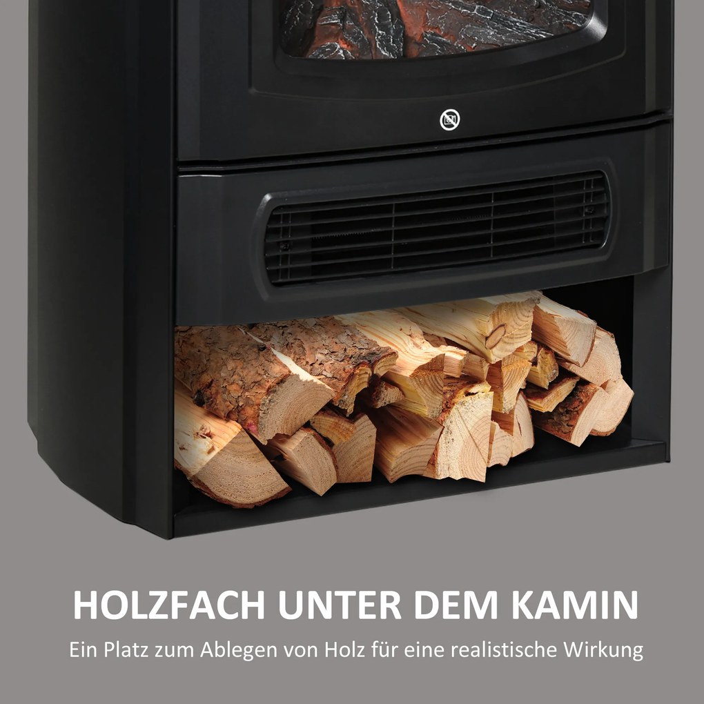 HOMCOM kominek elektryczny e-kominek z efektem płomienia termostat piec kominkowy 1000 W/2000 W, 20–25 m2, metal szkło hartowane czarny 44,5 x 32,1 x 74 cm