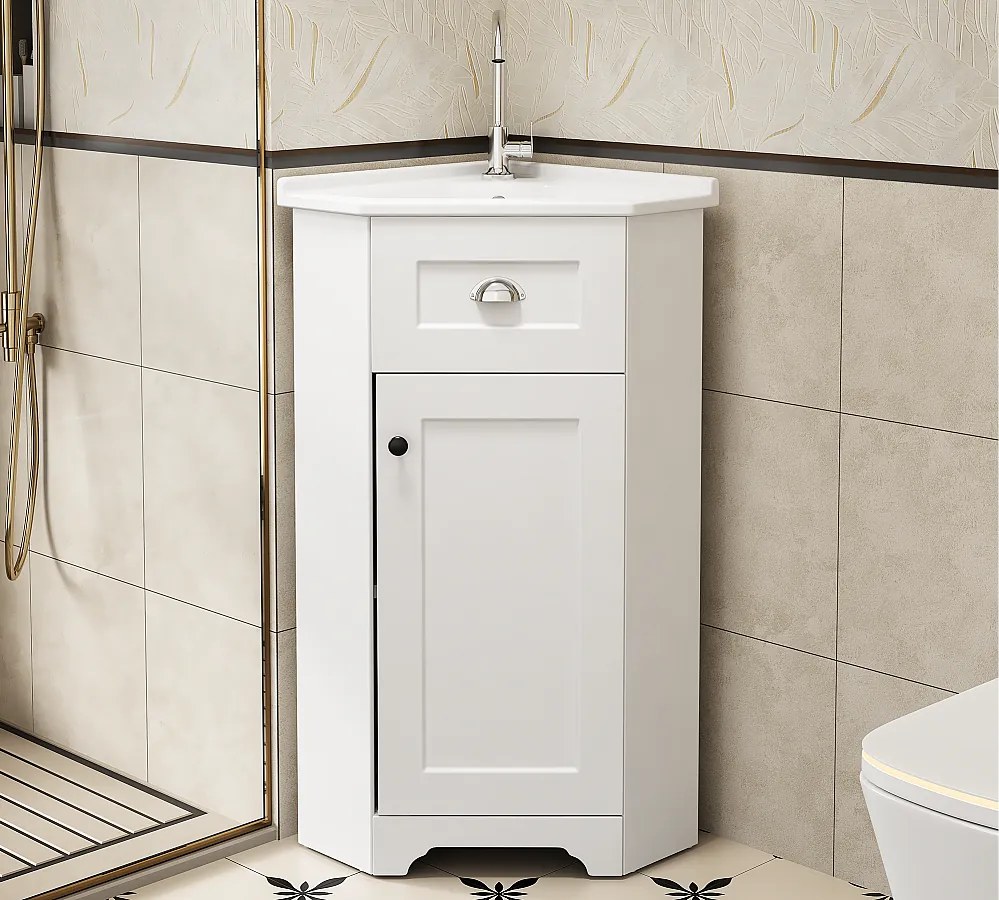 Meble łazienkowe - z ceramiczną umywalką - z 1 frontem - Biały​ (bateria nie jest wliczona w cenę)