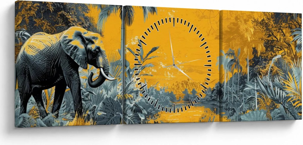 Obraz - Słoń w naturze (z zegarem) (90x30 cm)