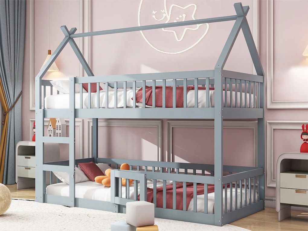 Łóżko piętrowe 90x200cm - z litego drewna - z drabinką - Szare