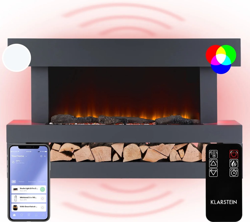 Klarstein Studio LightFire Smart 2000W Kominek Elektryczny Dekoracyjny Popielaty