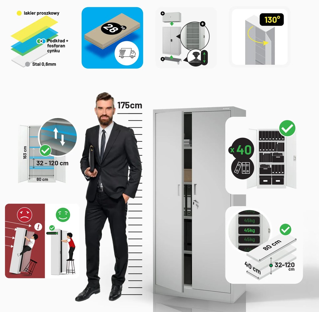 Szafa metalowa biurowa szara: JAN Compact 1750 x 800 x 400 mm