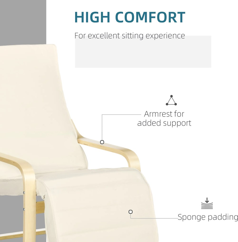 HOMCOM Leżak z Poduszką, Regulowany Podnóżek w 5 Pozycjach, Drewno Brzozowe, do 120 kg, 66,5 x 94 x 100 cm, Kremowy