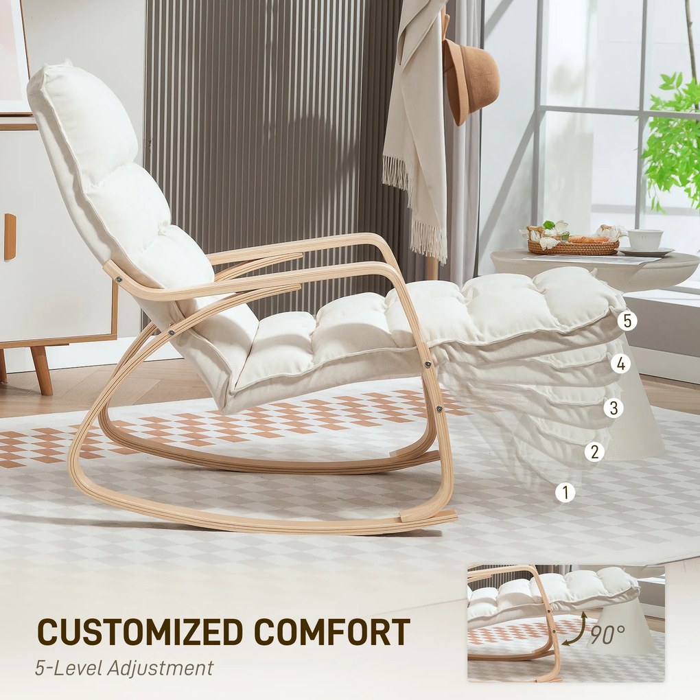 HOMCOM Wyściełany Bujany Fotel, Fotel Relaksacyjny z Podłokietnikami i Stalową Ramą, do Salonu, Sypialni, 67 x 106-123 x 92 cm, Kolor Kremowy | Aosom PL