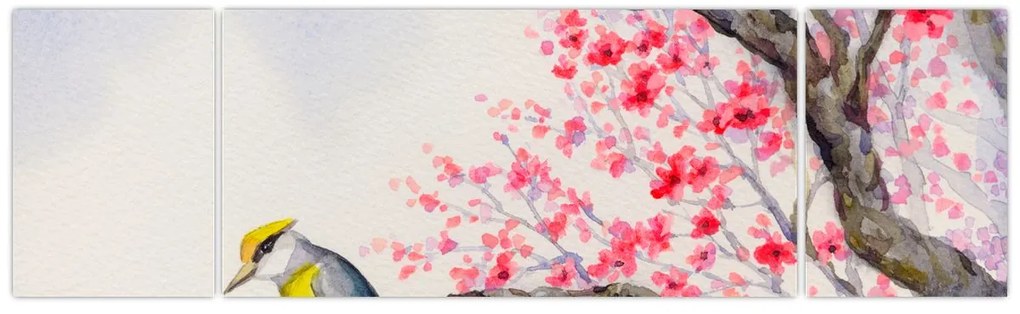 Obraz - ptak na drzewie z czerwonymi kwiatami (170x50 cm)
