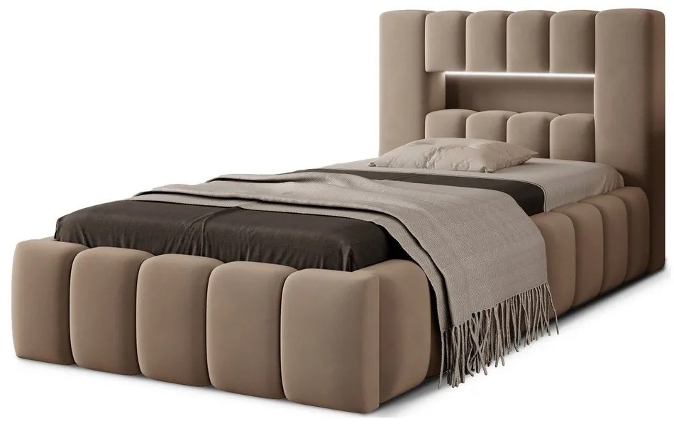 Jasnobrązowe tapicerowane łóżko jednoosobowe ze schowkiem ze stelażem 90x200 cm Lamica – ELTAP