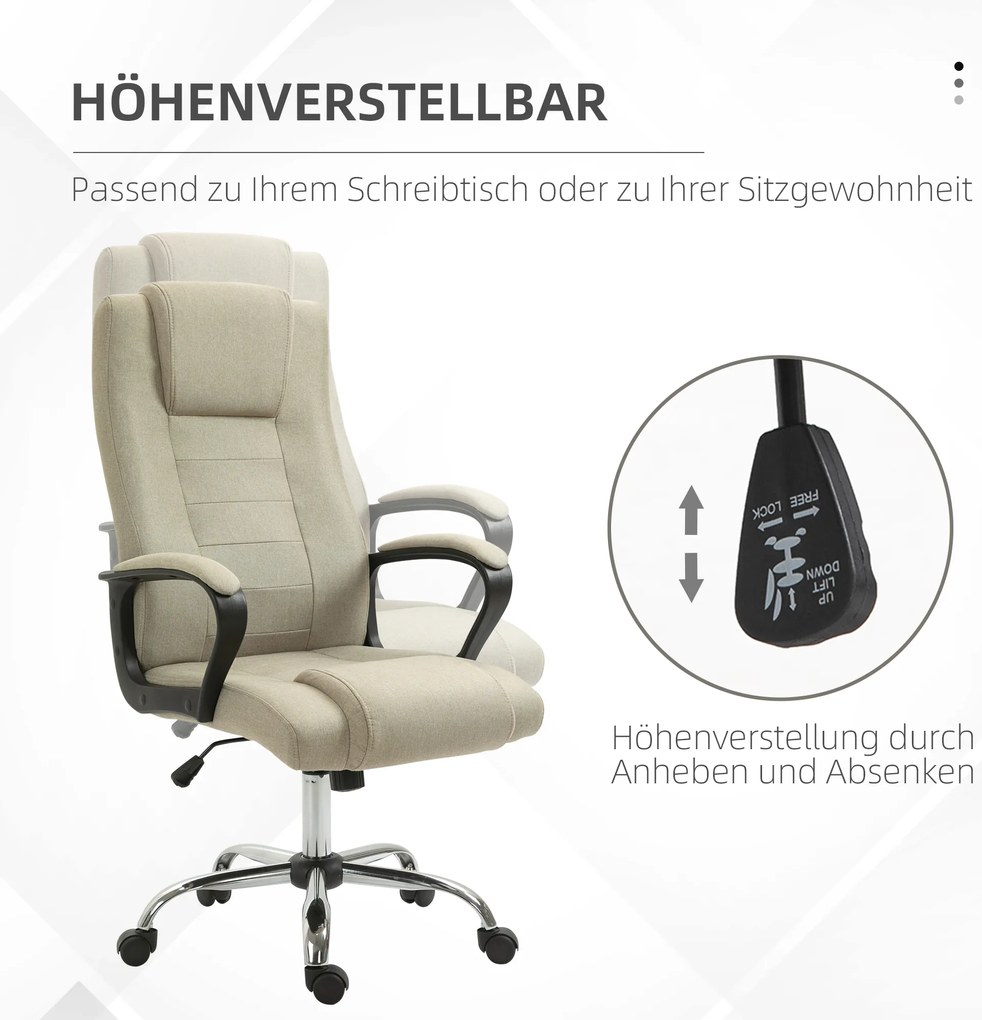 Vinsetto Fotel biurowy z imitacją lnu, regulowana wysokość, funkcja bujania, 5 kółek, Beżowy
