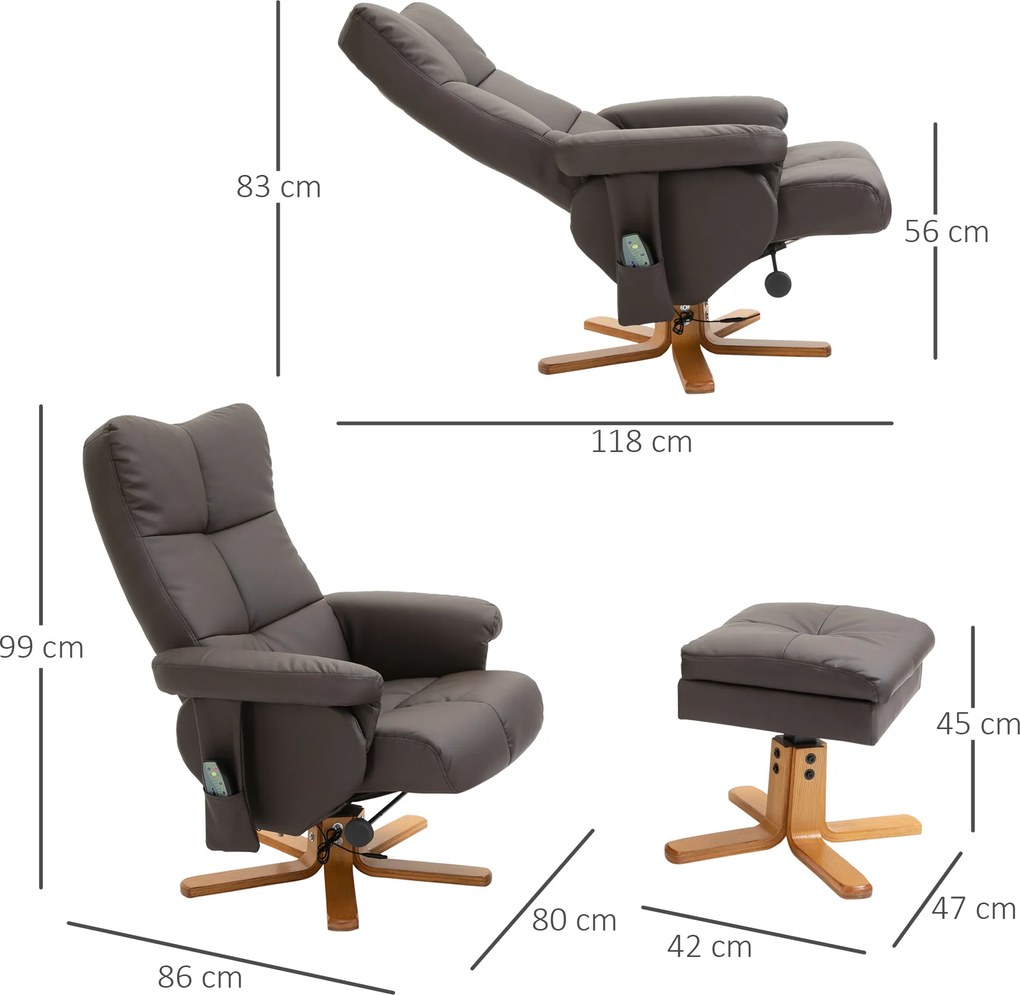 HOMCOM Fotel masujący z podnóżkiem nachylenie 145 stopni komfortowy relaks sztuczna skóra stylowy brązowy 80x86x99cm | Aosom PL