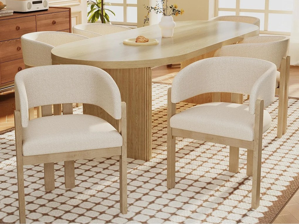 Zestaw 6 krzeseł z litego drewna z podłokietnikami - Konstrukcja z litego drewna - Tkanina bouclé - Naturalny