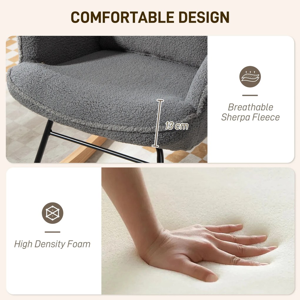HOMCOM Fotel bujany z podnóżkiem, miękkie pokrycie polarowe, drewniane nogi, poduszka, wysokie oparcie, fotel bujany, ciemnoszary