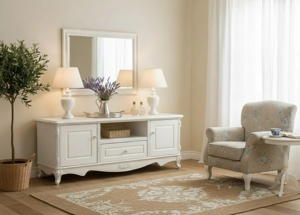 Stylowa szafka pod telewizor Anastasia, w kolorze ecru, wymiary 160x60 cm. Szafka rtv ma cokół z motywem róży, ornamentowe gałki. Francuski styl, kolekcja La Perle.