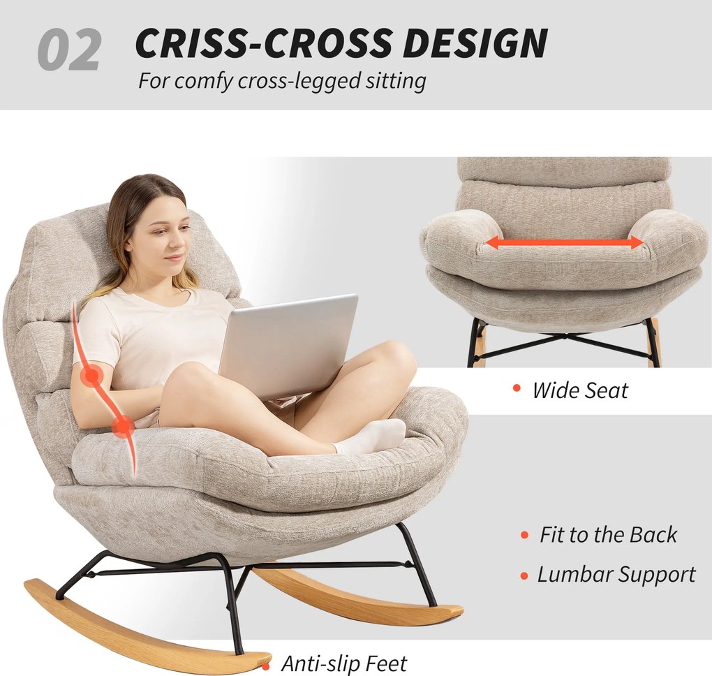 HOMCOM Tapicerowany fotel bujany z nogami stalowymi i drewnianymi płozami, kremowy