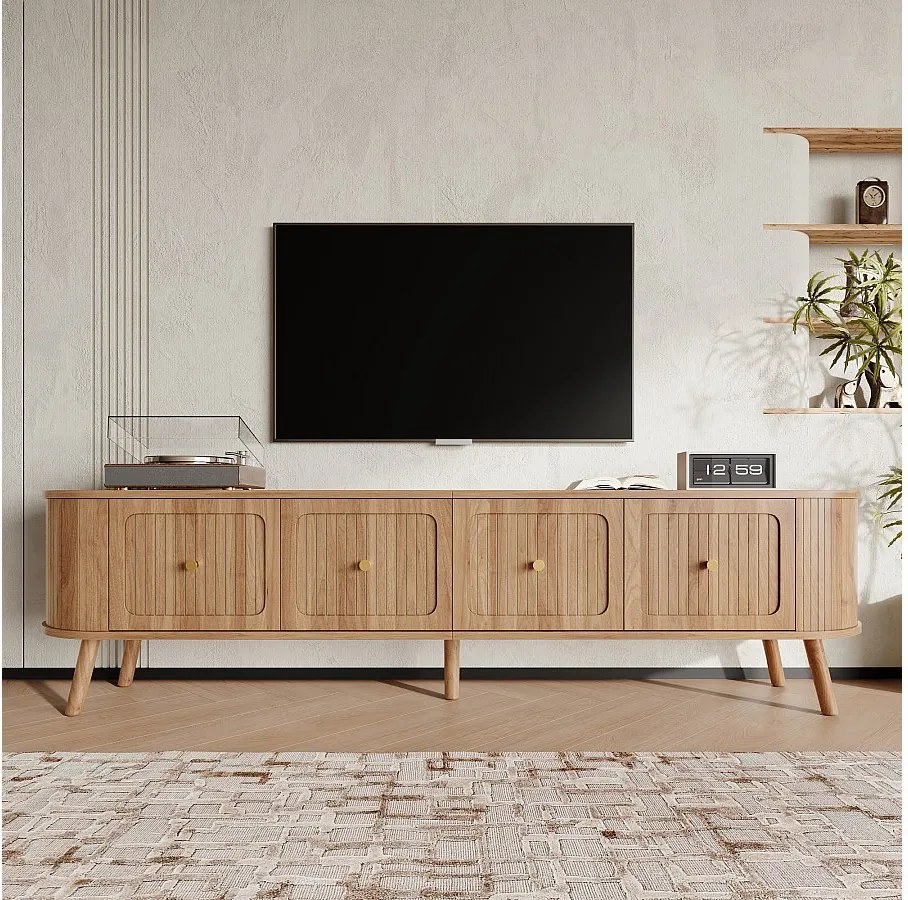 Nowoczesna szafka RTV - 180 x 38 x 47 cm - z 4 drzwiami + nogi drewniane - unikatowy design - MDF + płyta wiórowa - naturalny