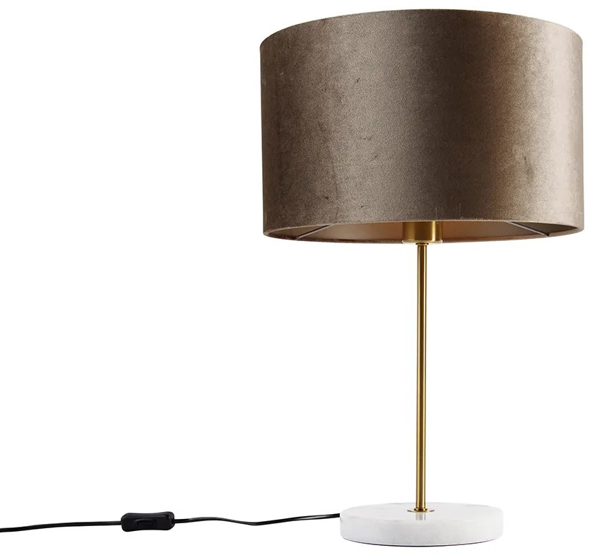 Lampa stołowa mosiężna z aksamitnym abażurem taupe 35 cm - Kaso