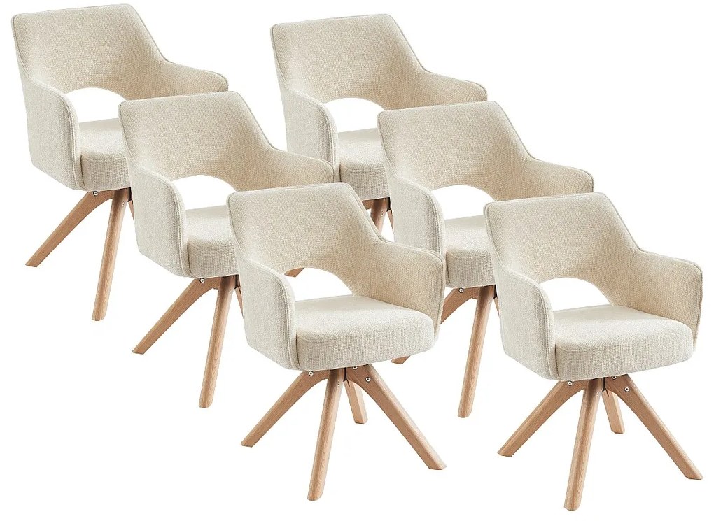 Zestaw 6 krzeseł obrotowych z podłokietnikami z tkaniny i drewna dębowego - Kremowy - KONYA