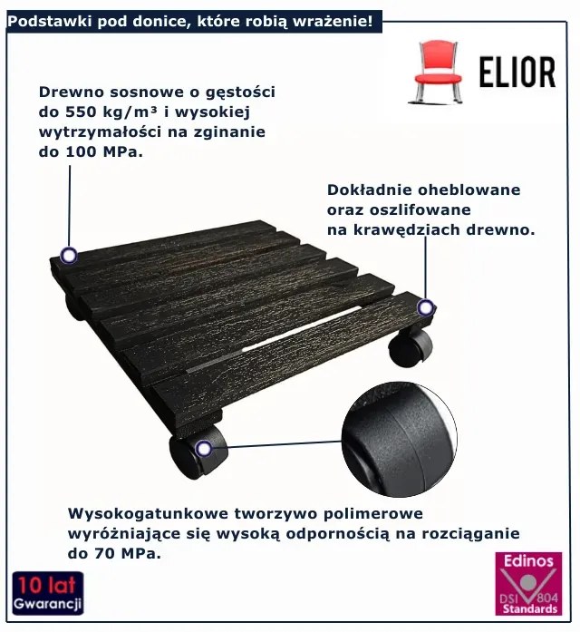 Czarny drewniany kwietnik na kółkach L8-W54