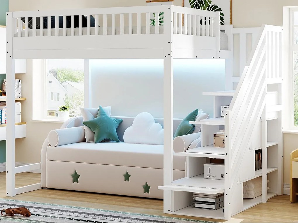 Łóżko na antresoli 140x200 cm - z drabiną bezpieczeństwa - z barierkami bezpieczeństwa - wyposażone w oświetlenie LED - biały​ (materac nie jest wliczony w cenę)