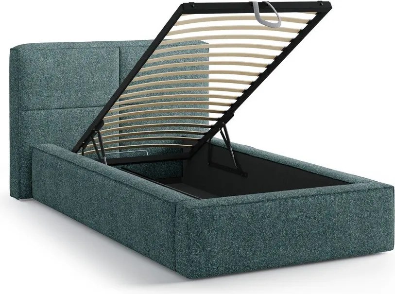 Turkusowe tapicerowane łóżko jednoosobowe ze schowkiem i stelażem 90x200 cm Darren – Micadoni