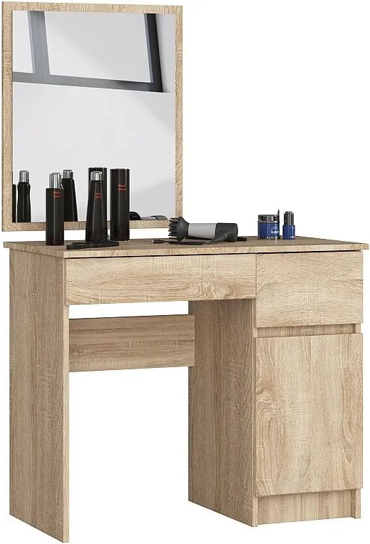 Toaletka AKORD P2 Dąb Sonoma 90 cm z lustrem 500x600 prawa 1 drzwi 2 szuflady kolor Dąb Sonoma mat 2 półki 90x50x142 cm